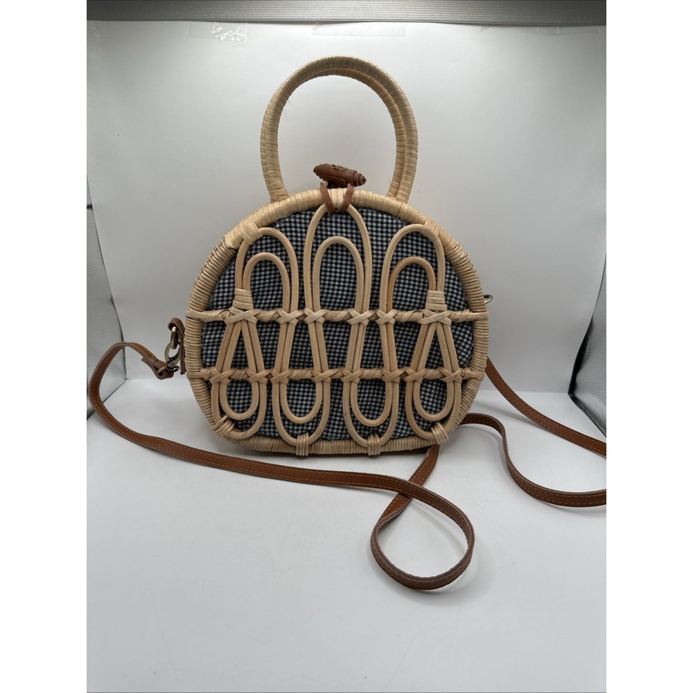 Anthropologie Mini Rattan Gingham Lined Suitcase Satchel Unique Worn On TV - Picture 2 of 10